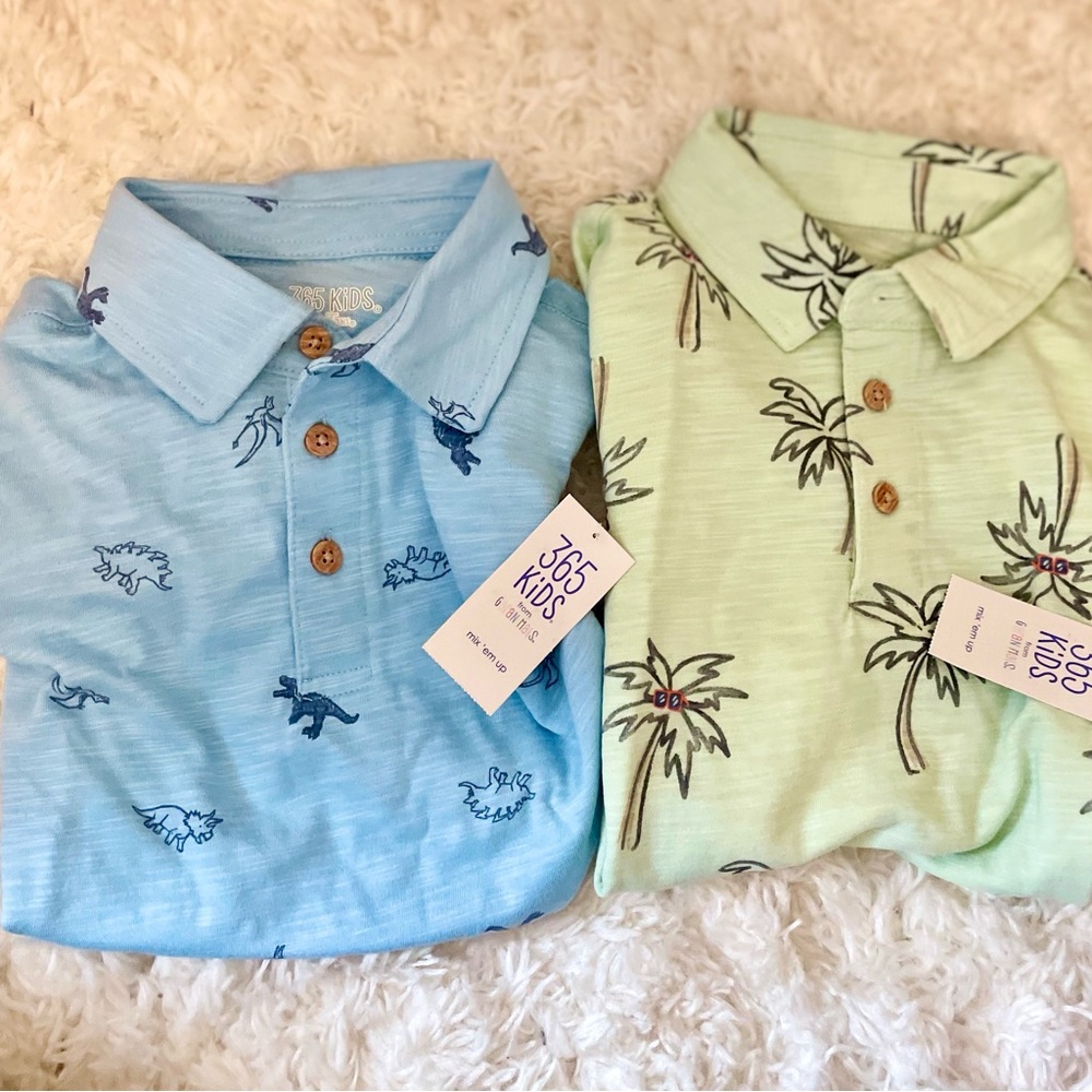 365 Kids Polo Short Sleeve Shirt‎ - 2 Pack Blue Dinosaur Green Palm Tree